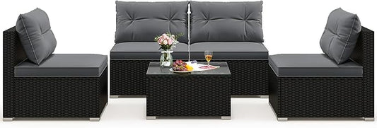 Tangkula 5 Piece Rattan Sofa Set, Outdoor Wicker Furniture Set w/Seat & Back Cushions, Square Coffee Table, Patio Sectional Sofa Set for Backyard, Poolside, Garden (Grey)