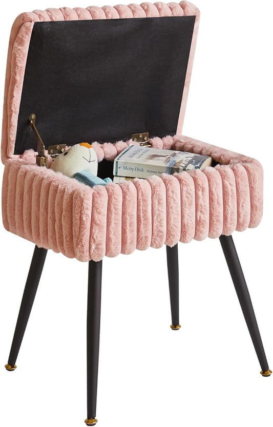 Vanity Stool Chair, Foot Stools Ottoman, Faux Fur Vanity Chair with Black Legs, Vanity Stool for Makeup, Make up Chairs for Vanity, Vanity Small Bench Seat Storage Pink YD-MS151P