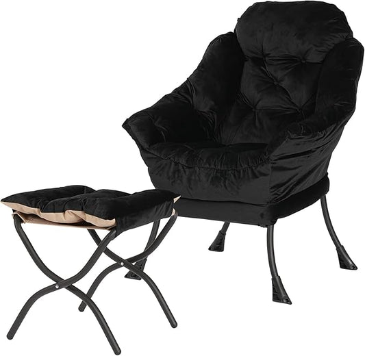 Kokel Lazy Chair with Folding Ottoman,Living Room Chairs, Accent Contemporary Lounge Chair, Single Steel Frame Leisure Sofa Chair with Armrests and A Side Pocket (Black)