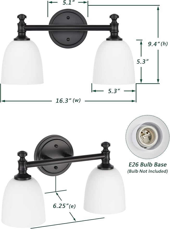 Black Bathroom Vanity Light, 2-Light Bathroom Light Fixtures Over Mirror, Traditional Vanity Lights for Living Room, Milk White Bell Glass Shades, Standard E26 Base, Matte Black