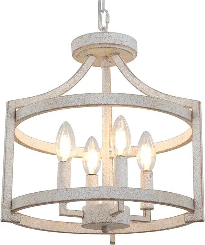 4-Light Farmhouse Chandelier, Distressed Hanging Pendant Lighting, Convertible Semi Flush Mount Ceiling Light Fixture Vintage White Metal Chandeliers for Dining Room Kitchen Foyer Entryway