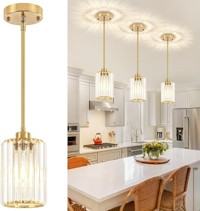 3 Pack Pendant Lights Kitchen Island Brass Gold, Modern Crystal Kitchen Pendant Hanging Lighting Fixtures Mini Chandelier Pendant Light for Hallway Dining Room Bathroom Over Table Bedroom