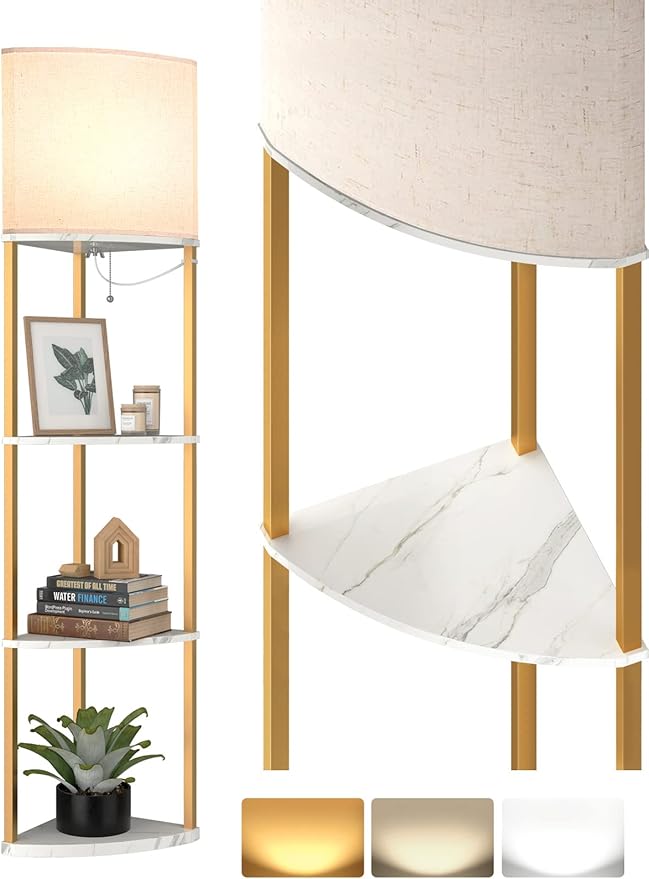 addlon 4-Tier Sector Corner Shelf Floor Lamp with 3 Color Temperatures LED Bulb and White Lamp Shade - Display Floor Lamps with Shelves for Living Room, Bedroom - Marble Texture