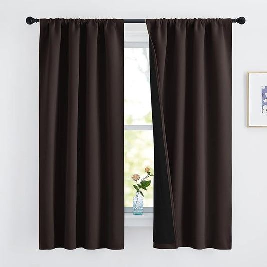NICETOWN Complete 100% Blackout Curtains, Thermal Insulated & Energy Efficiency Window Draperies with Black Liner, Noise Reducing Drapes for Kids (Brown, 42 inches W by 63 inches L, Double Panels)