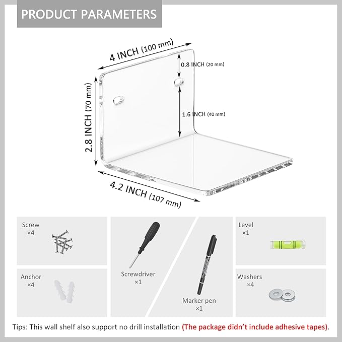 4 Inches Clear Small Wall Shelves, 4mm Thickness Acrylic Small Floating Shelf for Figures, Plants, Security Cameras, Speakers, Moisture-Proof, 2 Pack