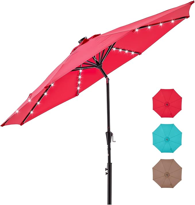 DUMOS 10 FT Outdoor Patio Umbrella with 32 LED Lights, UV-Resistant Outdoor Table Umbrella with Tilt and Crank for Backyard, Deck, Garden and Beach, Red