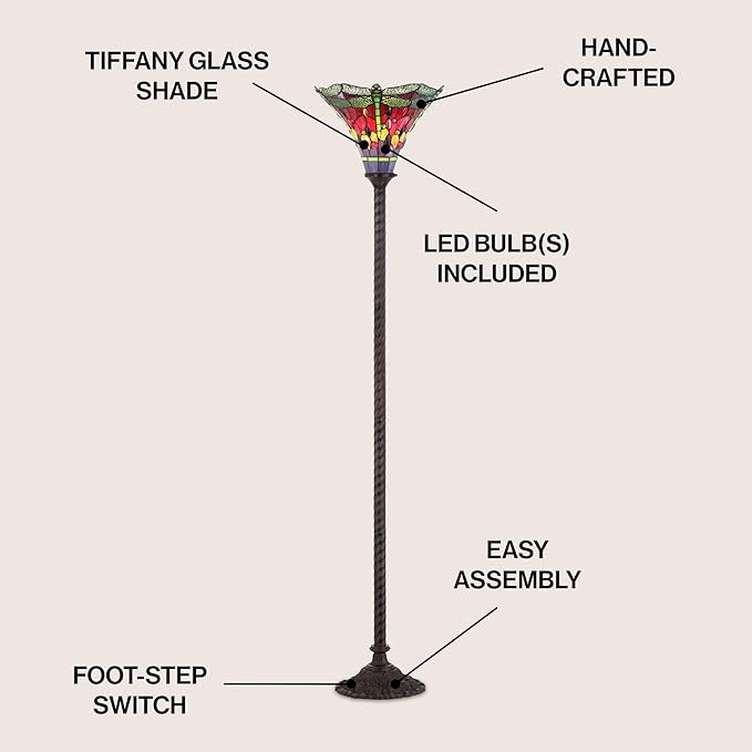 JONATHAN Y 71" Bronze/Green Dragonfly Tiffany-Style LED Floor Lamp, Traditional Standing Light for Living Room, Multi-Color Stained Glass Shade, LED Bulb Included (JYL8002B)