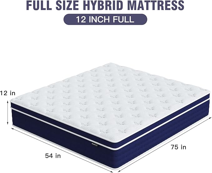 12 Inch Full Size Mattress, Hybrid Full Mattress with Pocket Spring and Memory Foam for Pressure Relief, Motion Isolation, Edge Support, Medium Firm Mattress in a Box, CertiPUR-US,Blue