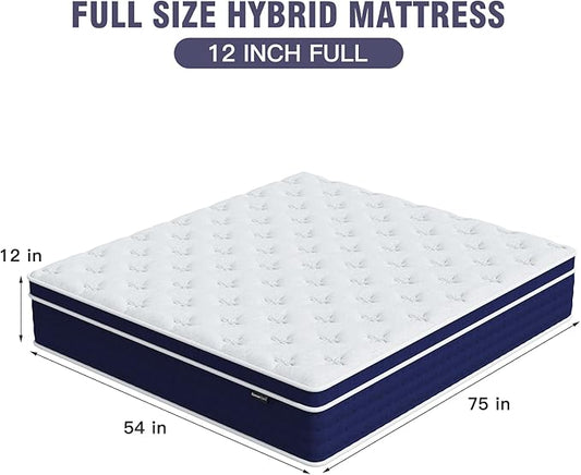 12 Inch Full Size Mattress, Hybrid Full Mattress with Pocket Spring and Memory Foam for Pressure Relief, Motion Isolation, Edge Support, Medium Firm Mattress in a Box, CertiPUR-US,Blue