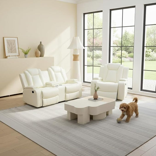 Breathing Leather Power Recliner Sofa Set, 2 Piece Leather Loveseat and Recliner Chair Set, Living Room Furniture Set with Storage Console/LED Lighting (Creamy White, Loveseat+Chair)