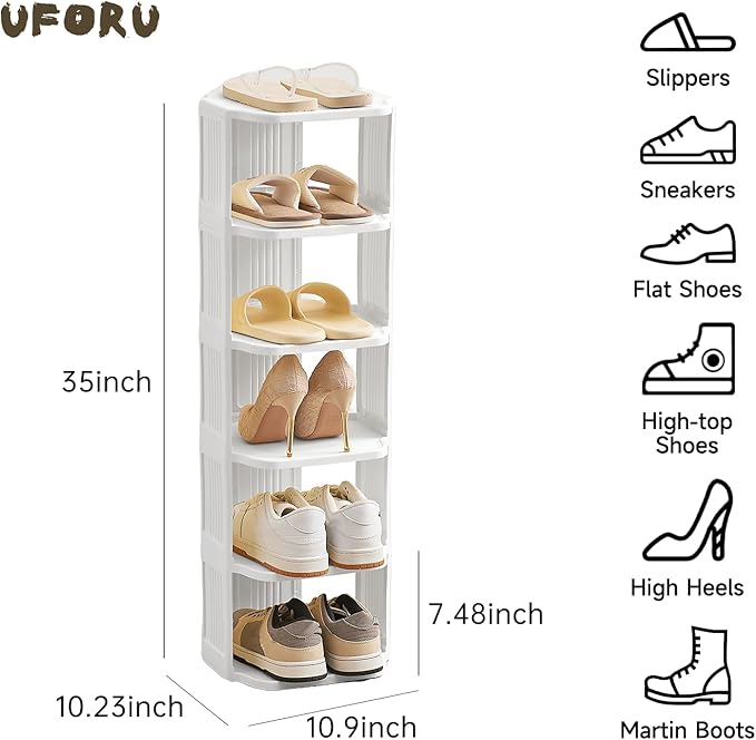 Vertical Shoe Rack, 6 Tiers Stackable Shoe Rack for Closet, Tall Standing Shoe Organizer, Small Shoe Shelf for Narrow Places Durable Plastic Construction (White)