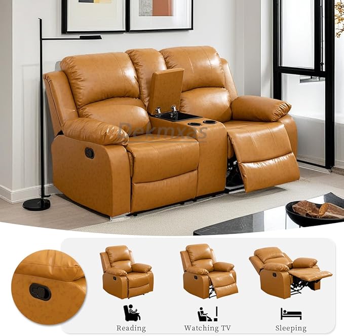 Bonded Leather Recliner Loveseat Couch Manual Reclining 2 Seater Reclining Sofa Living Room Couch with Cup Holders & Middle Storage Console for Home/Office/Rv Car (Ginger, Loveseat)