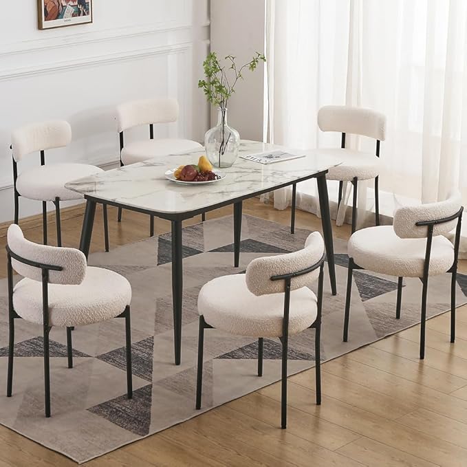 EDWELL White Dining Chairs Set of 6, Modern Dining Room Chairs with 3.94“ Cushions Mid-Century, Round Upholstered Boucle Chairs for Kitchen, Living Room, Kitchen Chairs with Black Metal Legs