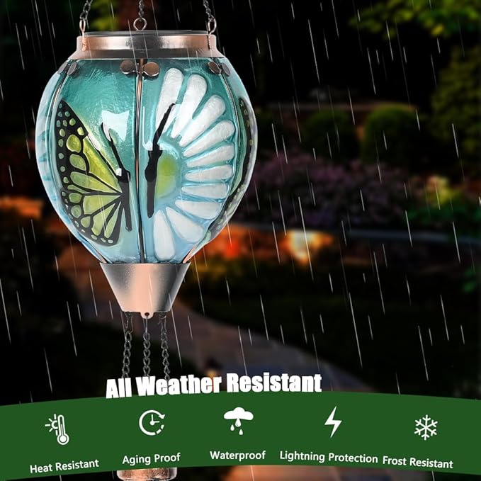 Hot Air Balloon Solar Lantern - Butterfly Stained Glass Lantern, Simulated Flickering Dancing Flame, Outdoor Hanging Yard Light Waterproof IP65 for Patio Lawn Porch Decor Gift