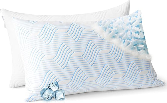 Cooling Bed Pillows for Sleeping 2 Pack Shredded Memory Foam Pillows Standard Size Set of 2 Adjustable Supportive Pillow for Back Stomach Side Sleepers Washable Removable Cover