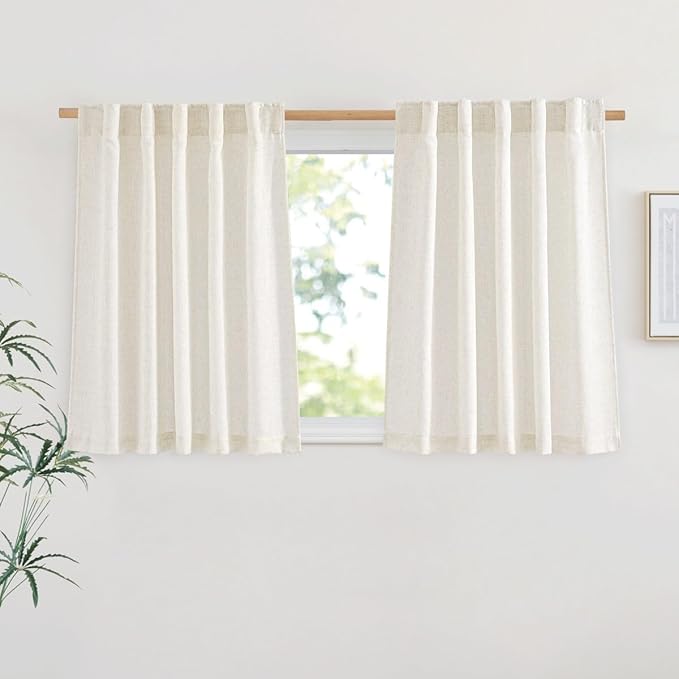NICETOWN Linen Burlap Short Kitchen Curtains 36 inches Long, Rod Pocket & Back Tab Semi Sheer Flax Linen Weve Window Treatments Privacy with Light Filtering for Cafe, W42 x L36, 2 Panels