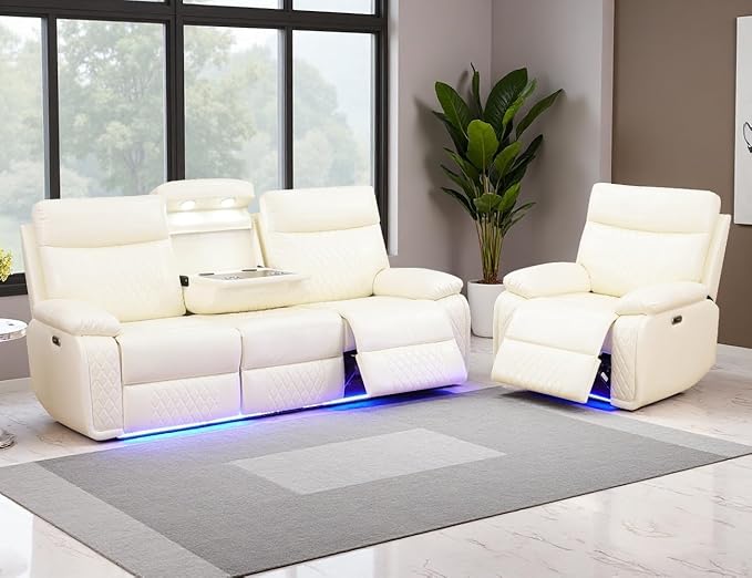 Power Reclining Sofa Set, Living Room Furniture Sets, Luxury Leather Recliner Sofa & Chair with Cup Holders/Charging/LED, Breathing Leather Reclining Couch for Home Theater/Office,Cream White
