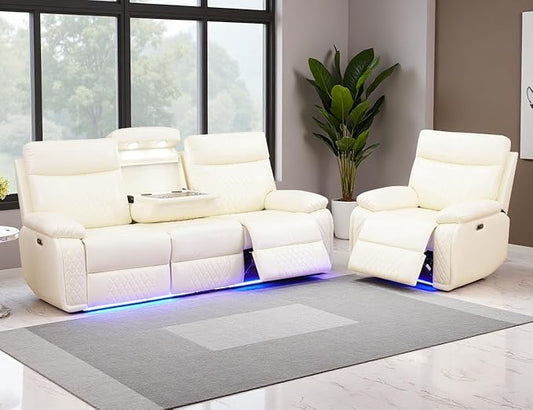 Power Reclining Sofa Set, Living Room Furniture Sets, Luxury Leather Recliner Sofa & Chair with Cup Holders/Charging/LED, Breathing Leather Reclining Couch for Home Theater/Office,Cream White