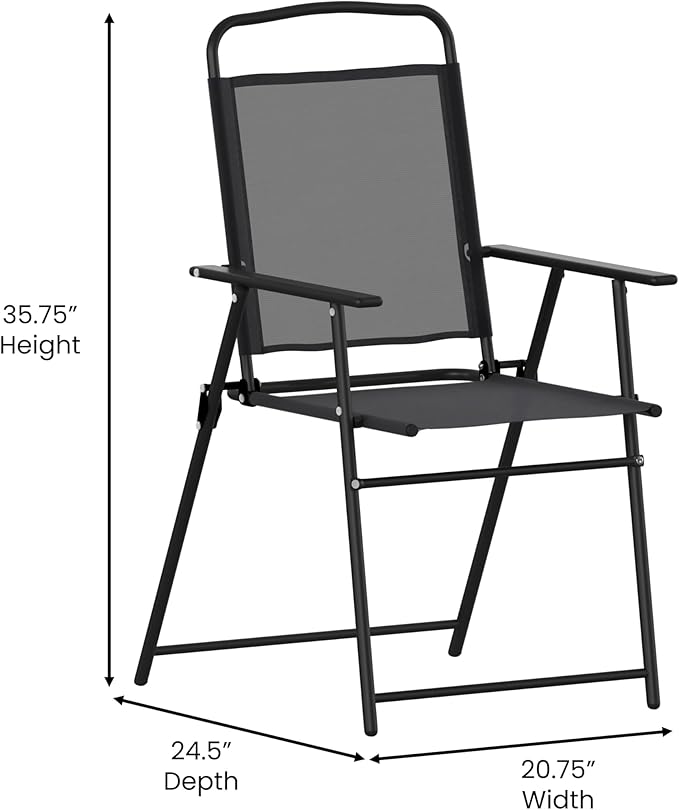 Flash Furniture Mystic Folding Patio Sling Chairs, Outdoor Textilene Lawn Chairs with Armrests, Set of 2, Black