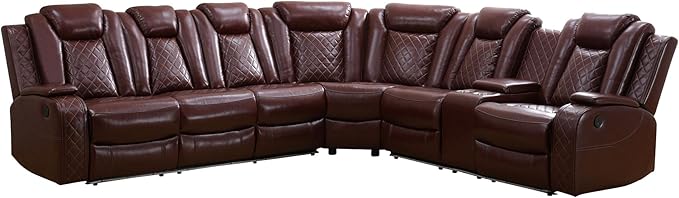 Power Reclinier Sectional Sofa Set,Brown Red Leather Reclining Sectional Modular Couch Set,L Shaped Leather Couch with LED Light for Living Room/House/Apartment/Lounge(L+3 Seats Sofa)