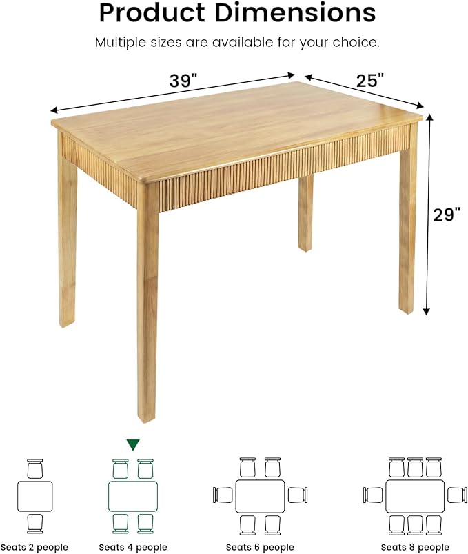 39" Solid Wood Dining Room Table for 2-4,Modern Farmhouse Rectangular Kitchen Real Wooden Table,Mid Century Fluted Design Furniture Desk for Home,Small Space,Apartment,Living Room Nature