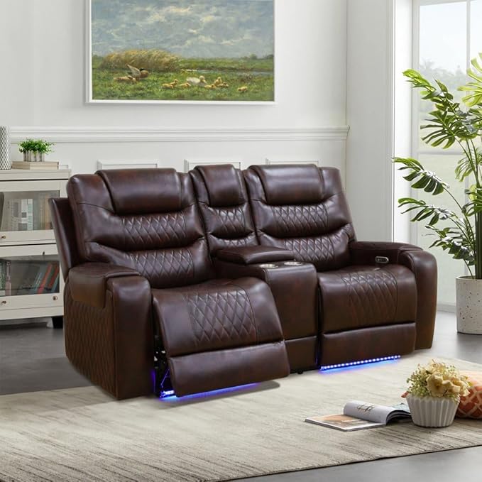 Leather Power Recliner Sofa Set with LED, Living Room Furniture Set, Leather Sofa Set with USB Port Storage Console Cup Holder for Office Living Room Home (Dark Brown)