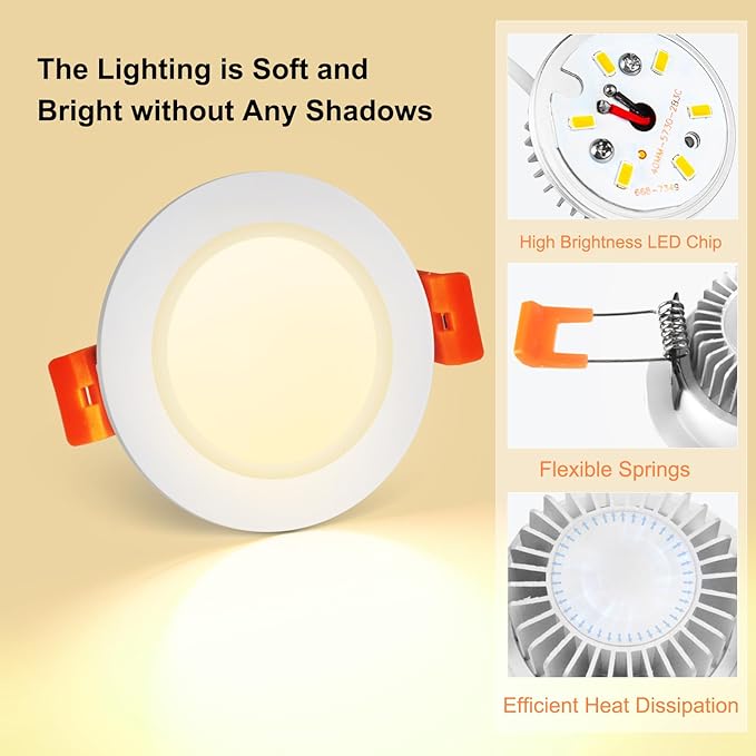 YGS-Tech 3 Inch LED Recessed Lighting, Dimmable Downlight 5W(40W Halogen Equivalent), CRI80, 3000K Warm White, Ceiling Light with LED Driver(4 Pack)