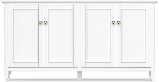 SIMPLIHOME Amherst Storage Cabinet - 66 inch Wide Solid Wood 4-Shelf Sideboard Cabinet in White, Transitional Buffet for Living Room or Dining Room with 4 Doors and Adjustable Shelves