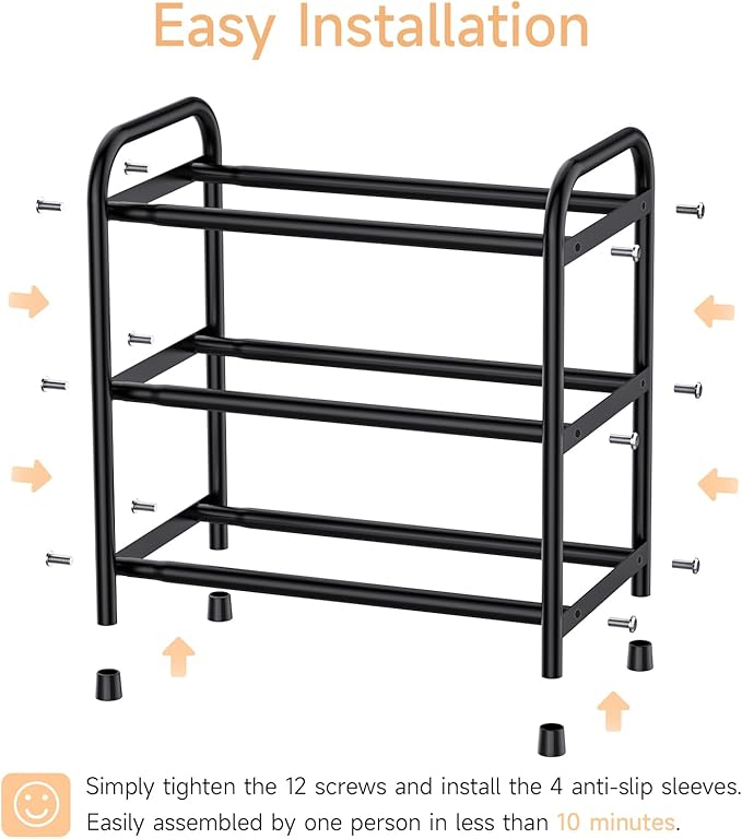 Expandable Shoe Rack, 16“-30” Adjustable Shoe Rack for Closet, Front Door Entrance, Entryway, Dorm, Small Space, Metal Shoe Organizer, Black 3 Tier
