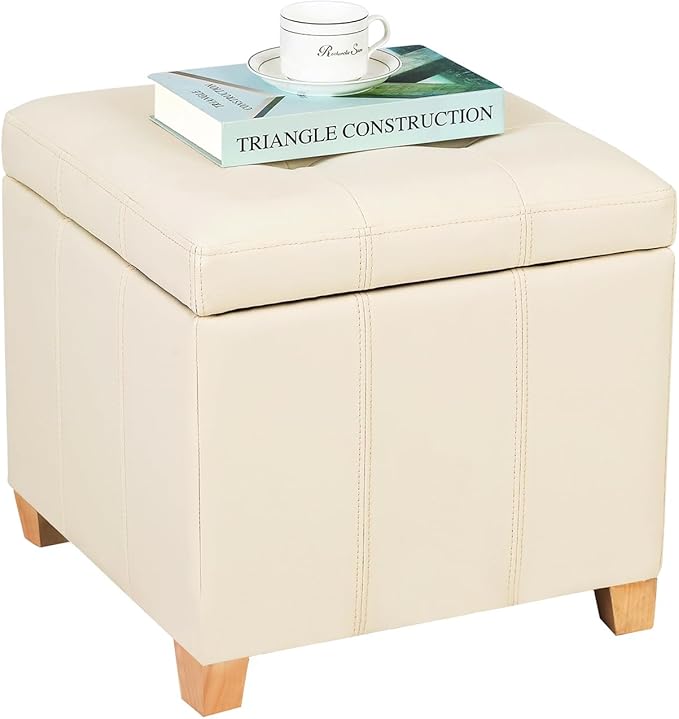 Adeco Square Storage Ottoman with Hinged Lid, 16" Upholstered Foot Stool & Seat for Entryway, Living Room, Faux Leather with Wood Legs (Ivory White)