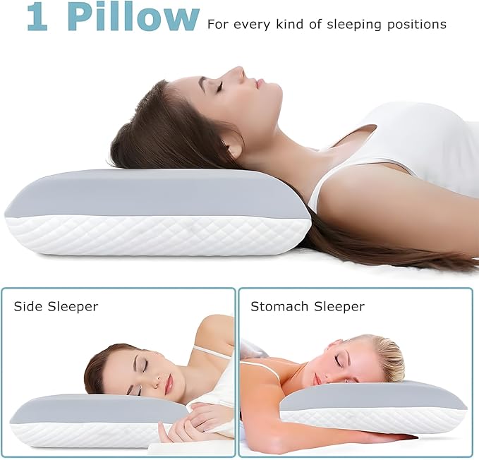 Memory Foam Pillow Queen Size, Cooling Bed Pillow for Sleeping – Medium Firm Neck & Shoulder Support, Slow-Rebound Comfort, Double-Sided All-Season Design, Washable Cover (White & Gray)