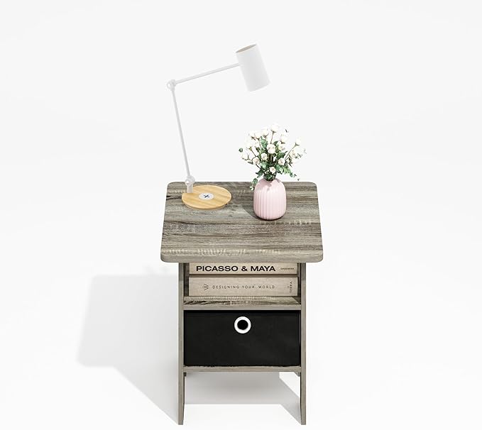 Furinno Modern Side Table, Square Top End Table with Storage Bin, Night Stand, Bedside Table with Storage Shelf, for Living Room, Bedroom, Grey Oak