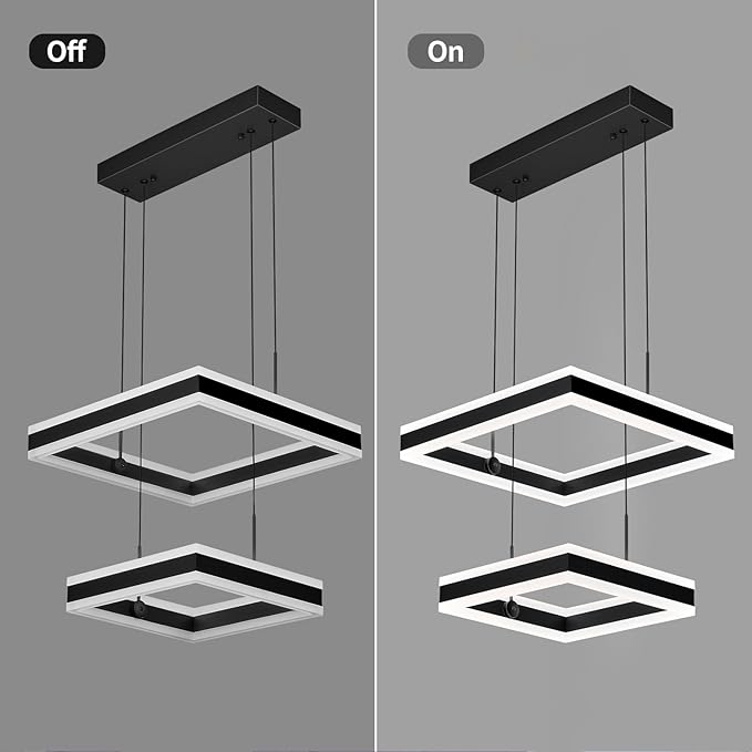 Modern Black Chandelier Foyer Ceiling Chandeliers 65W Dimmable LED Pendant Light Dining Room Light Fixture 2 Rings Square Chandelier for Kitchen Island Living Room Bedroom Hallway