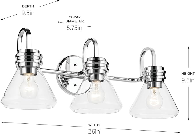Kichler Farum 26" 3-Light Vanity Light with Clear Glass in Chrome, for Single or Double Vanity, Over a Mirror, Powder Room, Bathroom, (26" W x 9.5" H), 55155CHCLR