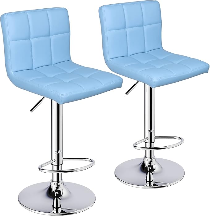 Leopard Bar Stools, Modern PU Leather Adjustable Swivel Bar Stool with Back, Set of 2 (Light Blue)
