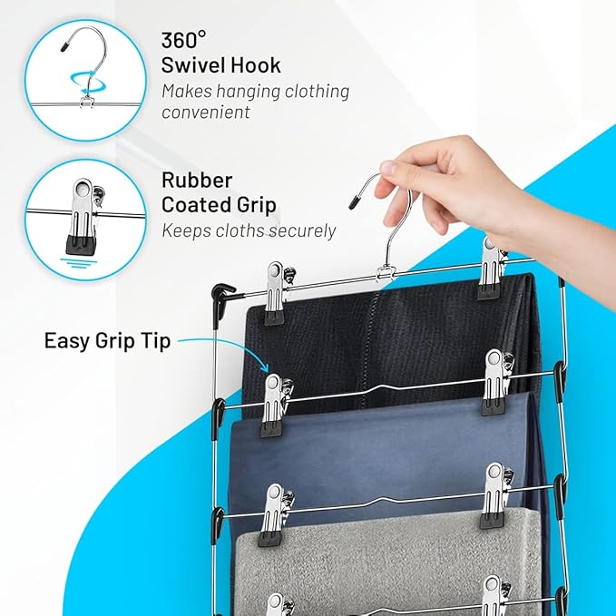 DEILSY™ 5-Tier Skirt Hangers with Clips (3 PK) Pant Space Saving Multiple in one Clothes with Clip Multiple Pants Hanger for Closet Bottom Hangers Metal Hanger with Clips