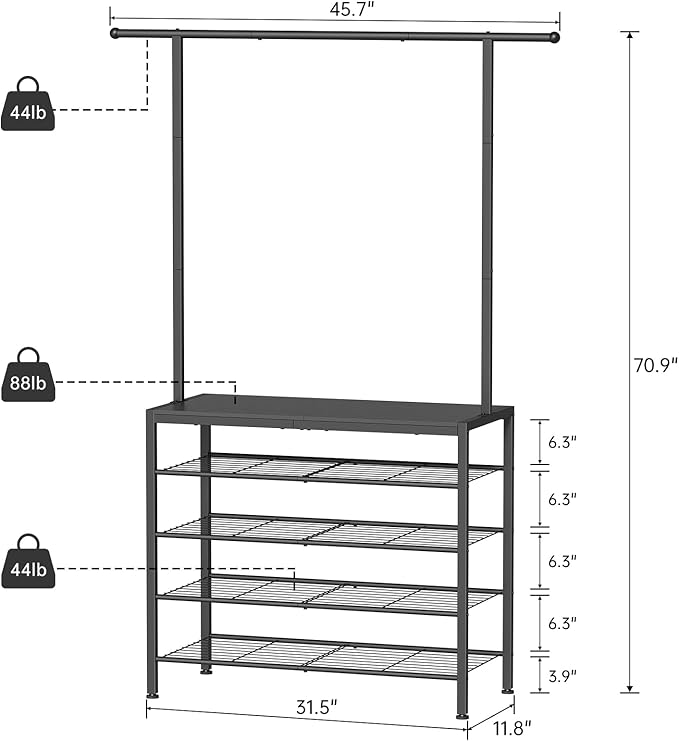 Hall Tree, Entryway Shoe Rack with Coat Rack, 5 Tier Adjustable Shoe Storage with 45.7" Long Coat Rack for Front Door, Garage, Closet, Freestanding, Industrial, Ink Black