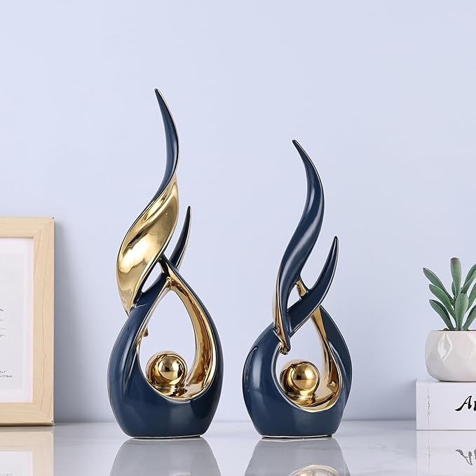 2 PCS Blue Gold Ceramic Statues For Home Decor Accents, Modern Abstract Art Sculptures, Elegant Tabletop Decorative Objects For Dining Room, Entryway, Tv Stand, Mantel, Coffee Table Centerpieces