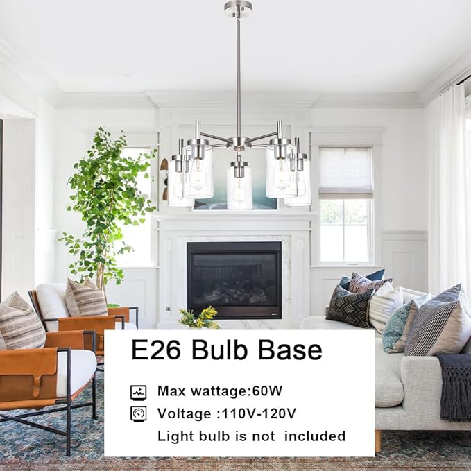 5 Lights Brushed Nickel Chandelier Modern Industrial Dining Room Light Fixtures with Clear Glass, Farmhouse Pendant Lighting Fixtures Ceiling Hanging Adjustable for Kitchen Island Living Room