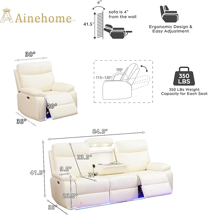 A Ainehome Power Leather Recliner Sofa Set with LED Lights, Recliner Sofa Sectional Couches for Living Room, Reclining Couch, Chair with USB Port/Storage Console