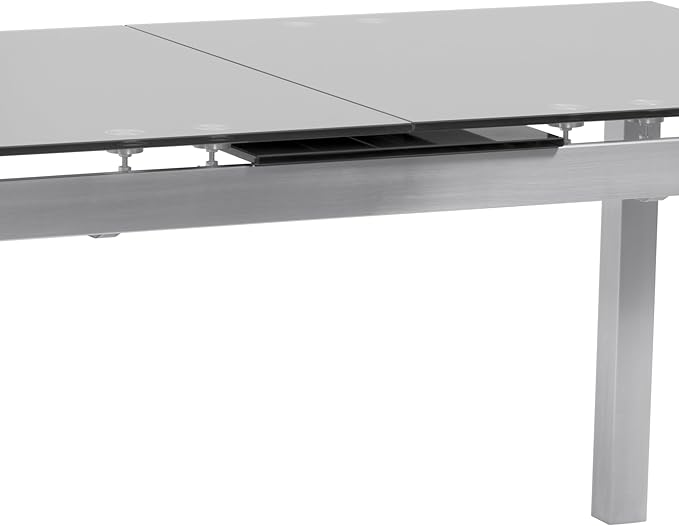 Armen Living Ivan Extendable Dining Table with Tempered Glass Top and Brushed Stainless Steel Finish, Gray, Dining Height
