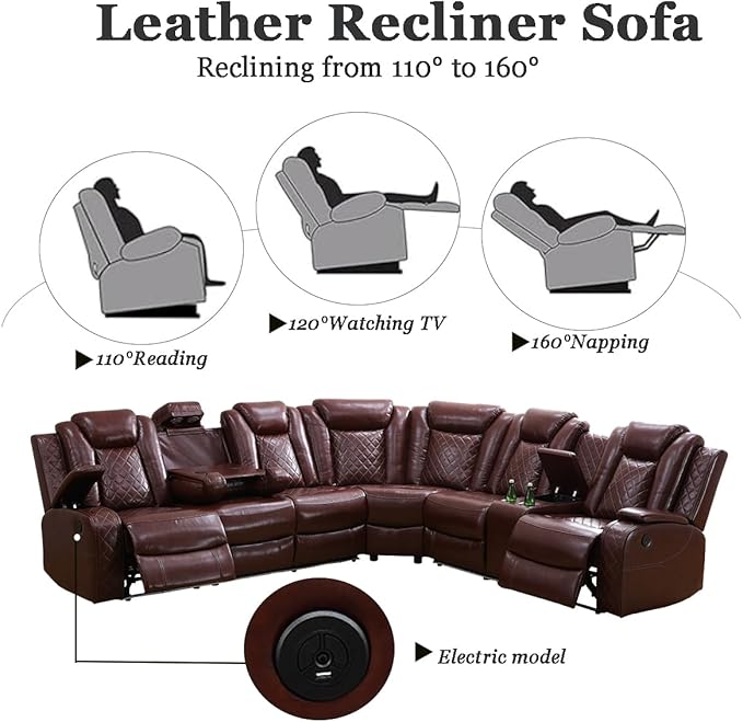 A Ainehome Leather Power Recliner Sectioanl Sofa Set, Living Room Furniture Sets, Power Reclining Sofa, Loveseat and Chair with USB Chargers/Cup Holder for Living Room/Office(A-Brown)