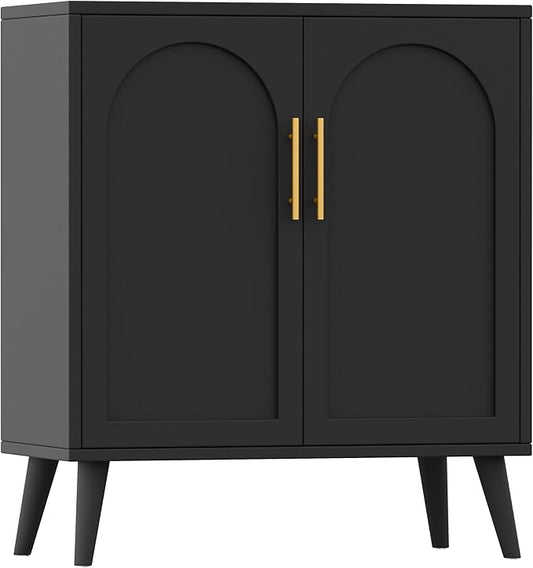 15.7" D Black Buffet Cabinet with Storage, Boho Buffet Sideboard with Adjustable Shelf and Solid Wood Legs, Accent Floor Storage Cabinet for Kitchen, Living Room, Natural