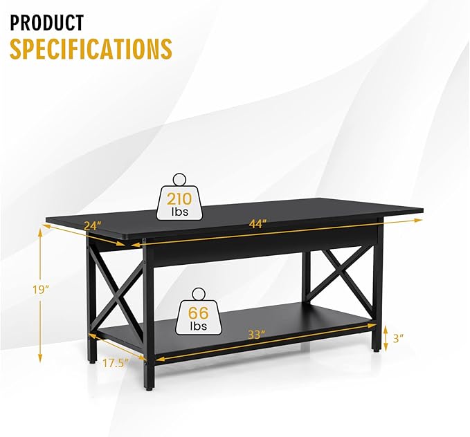 COSTWAY Industrial Coffee Table, 2-Tier Wood Cocktail Tea Table with Storage Shelf and X-Shape Steel Frame, Rectangle Sofa Side Accent Table for Living Room Home Office, Black