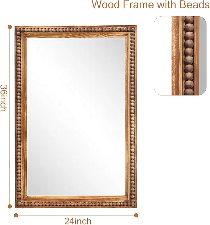 ULIKE Rectangular Wood Mirror with Natural Wooden Bead Frame, 24x36 Inch Rustic Farmhouse Wall Mirror for Bathroom Nursery Bedroom Living Room Brown