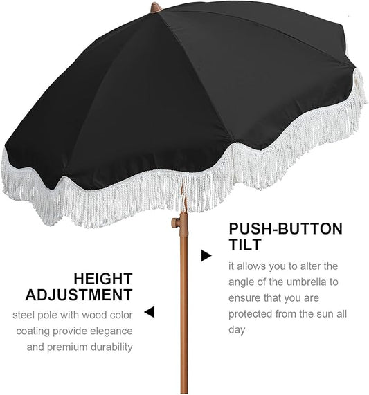 AMMSUN Boho Fringe Umbrella Outdoor Patio, 6.5ft UPF50+ Picnic Umbrella with Tassels with Steel Pole and Push Button Tilt, Noble Black