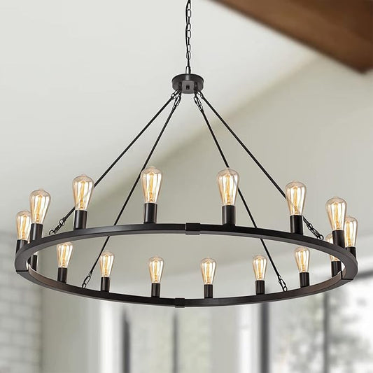 16-Light 48" Large Wagon Wheel Chandelier,Farmhouse Chandelier, Rustic Vintage Black Round Pendant Light Fixtures for Kitchen Island Dining Living Room Foyer Entryway