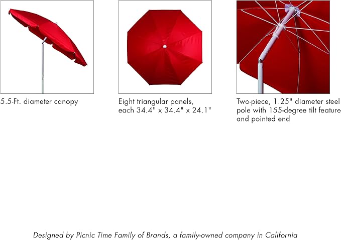 PICNIC TIME 5.5 Ft Portable Beach Umbrella, Lightweight UV Protection Sunshade with Tilt Pole & Carry Bag, Outdoor Canopy Umbrella for Beach, Sand, Pool, Patio, Camping, Travel, or Backyard Shade, (Navy Blue)