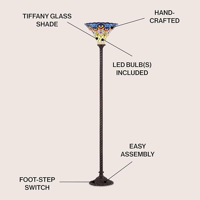 JONATHAN Y 70" Bronze Peacock Tiffany-Style Torchiere LED Floor Lamp, Traditional Stained Glass Standing Lamp for Living Room, Foot-Switch, UL Listed, LED Bulb Included JYL8006A