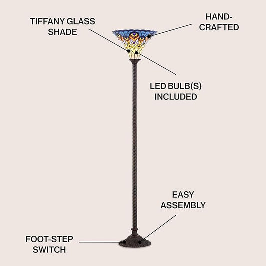 JONATHAN Y 70" Bronze Peacock Tiffany-Style Torchiere LED Floor Lamp, Traditional Stained Glass Standing Lamp for Living Room, Foot-Switch, UL Listed, LED Bulb Included JYL8006A